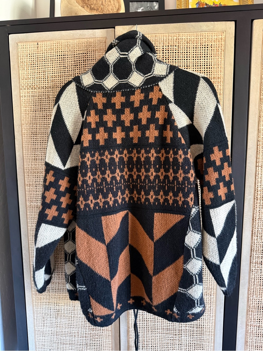 Geometric Pattern Cardigan Sweater in Black, Cream & Brown - Picture 2 of 6